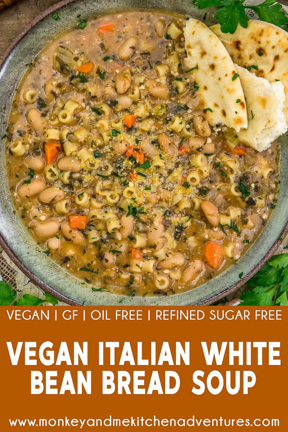 Easy Vegan Italian White Bean Bread Soup with text description