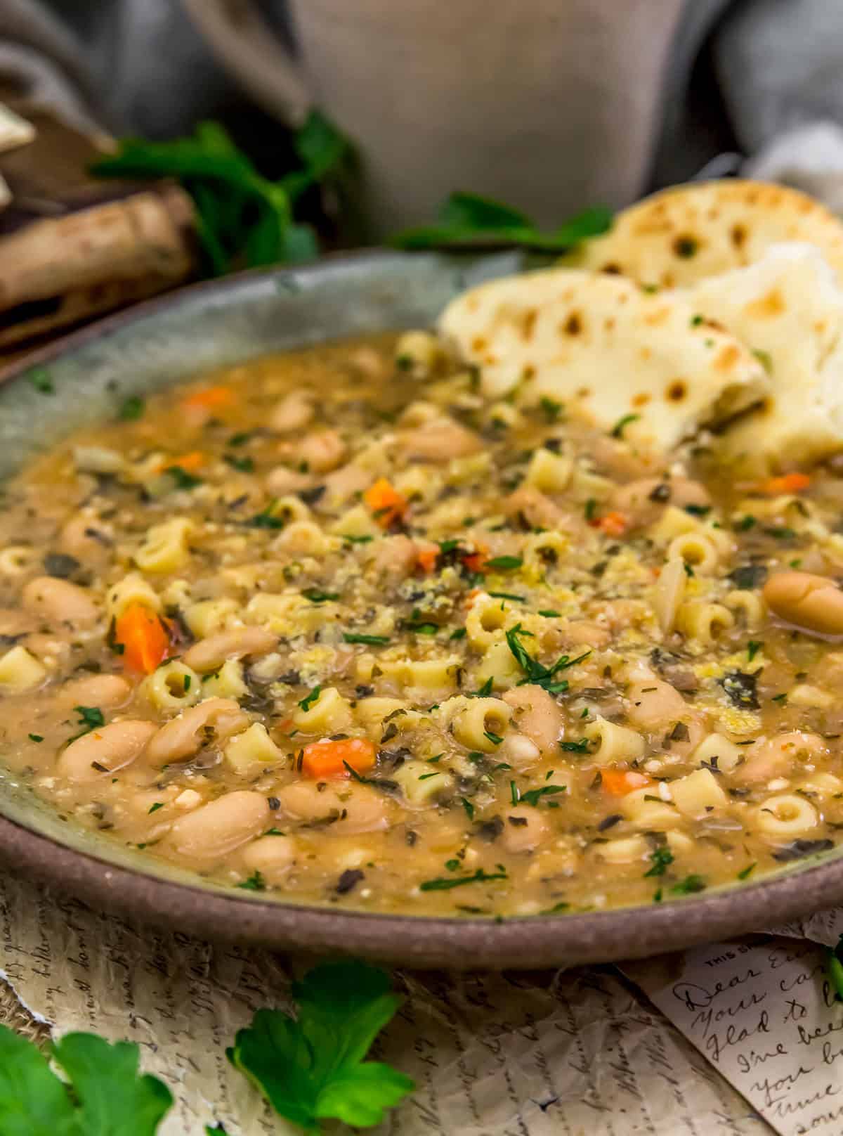 Close up of Easy Vegan Italian White Bean Bread Soup
