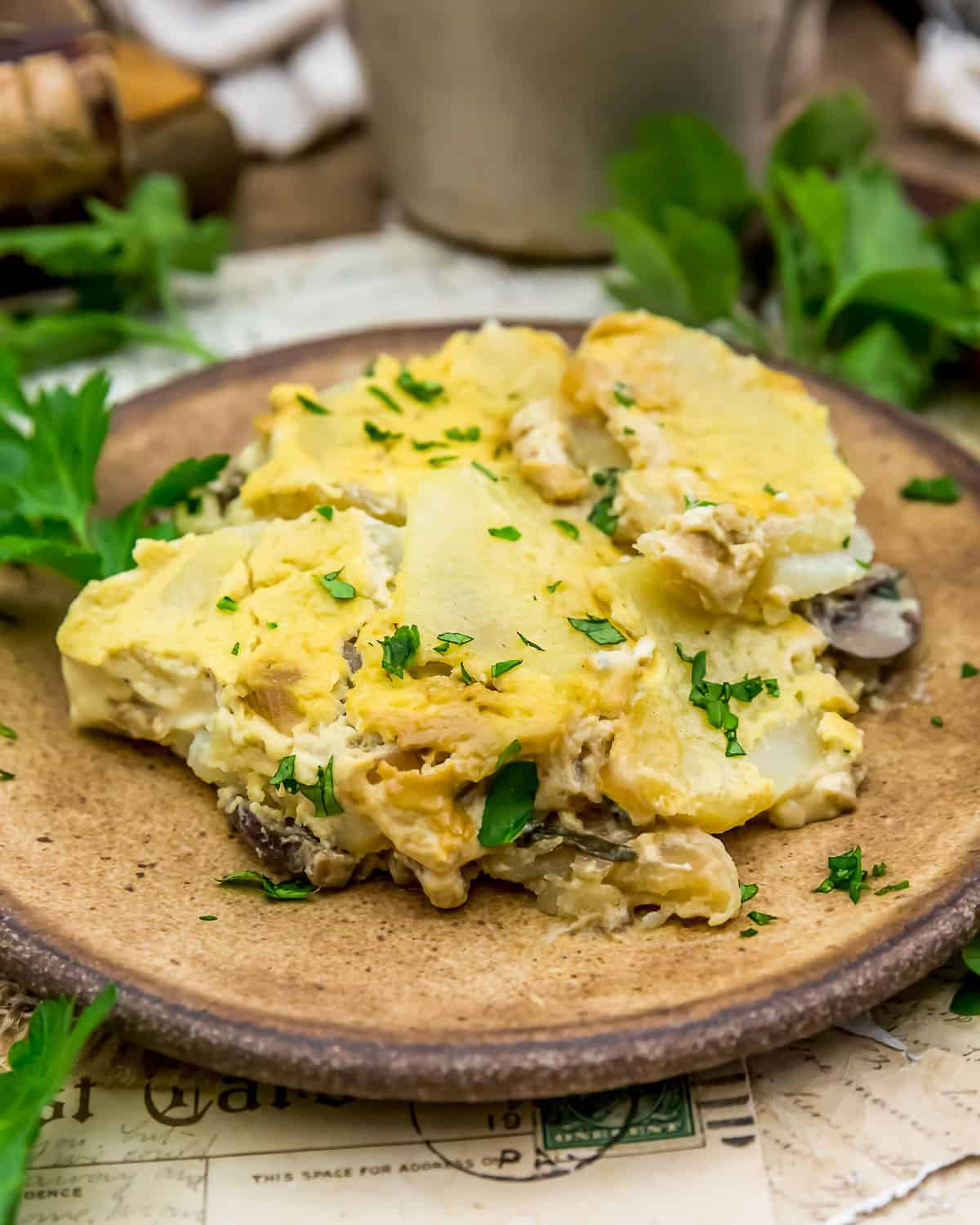 Plate of Vegan Mushroom and Onion Scalloped Potatoes