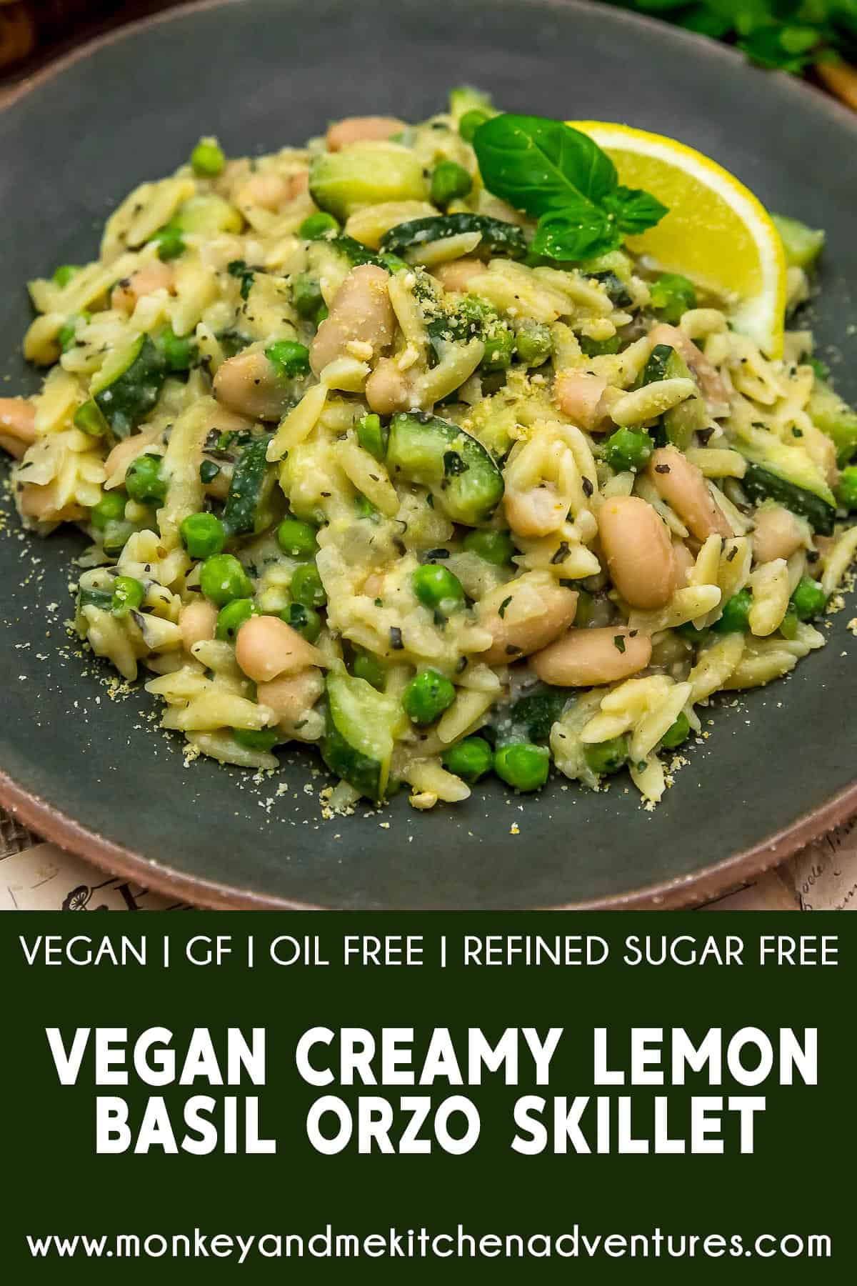 Vegan Creamy Lemon Basil Orzo Skillet with text description
