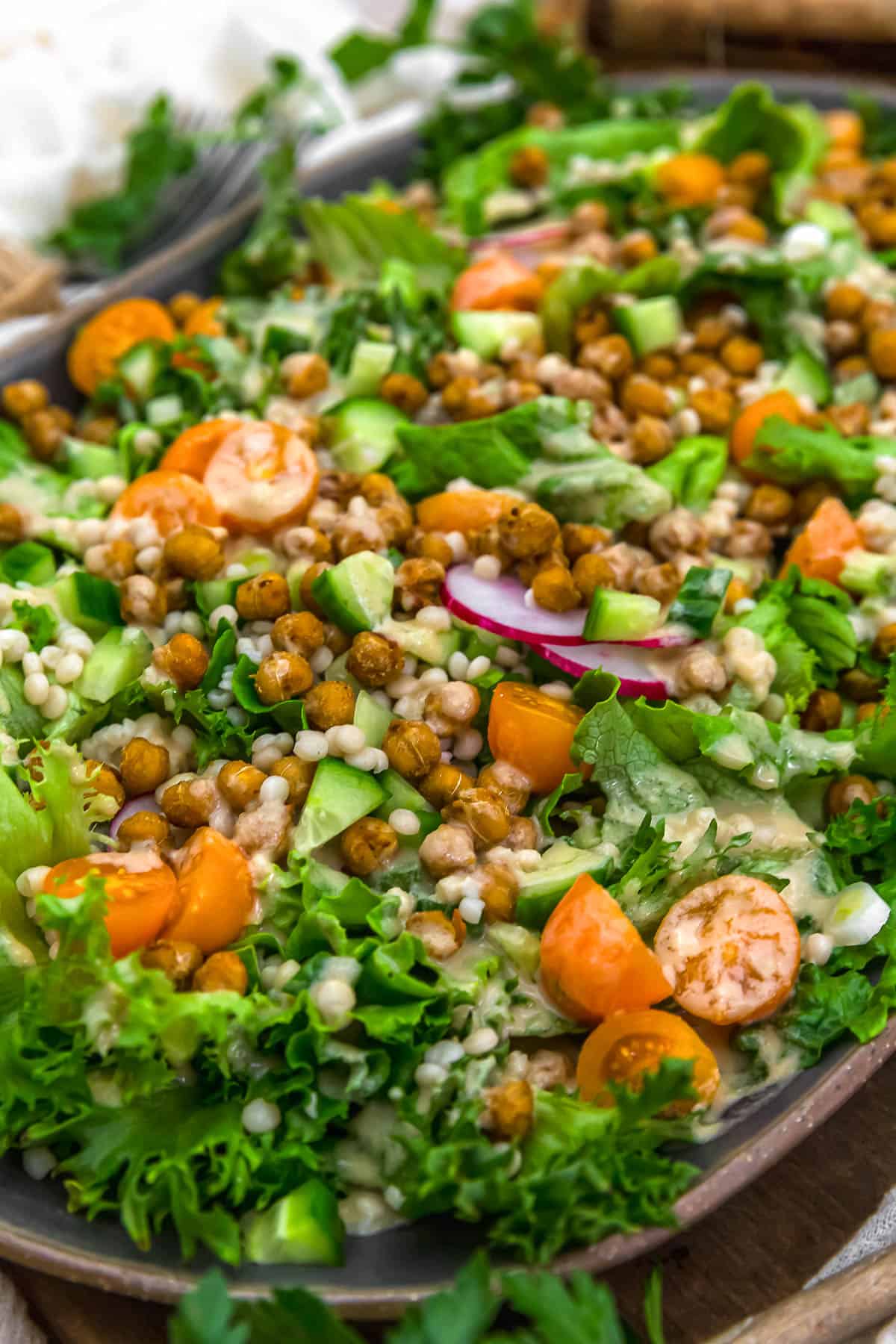 Close up of Middle Eastern Spicy Roasted Chickpea Salad
