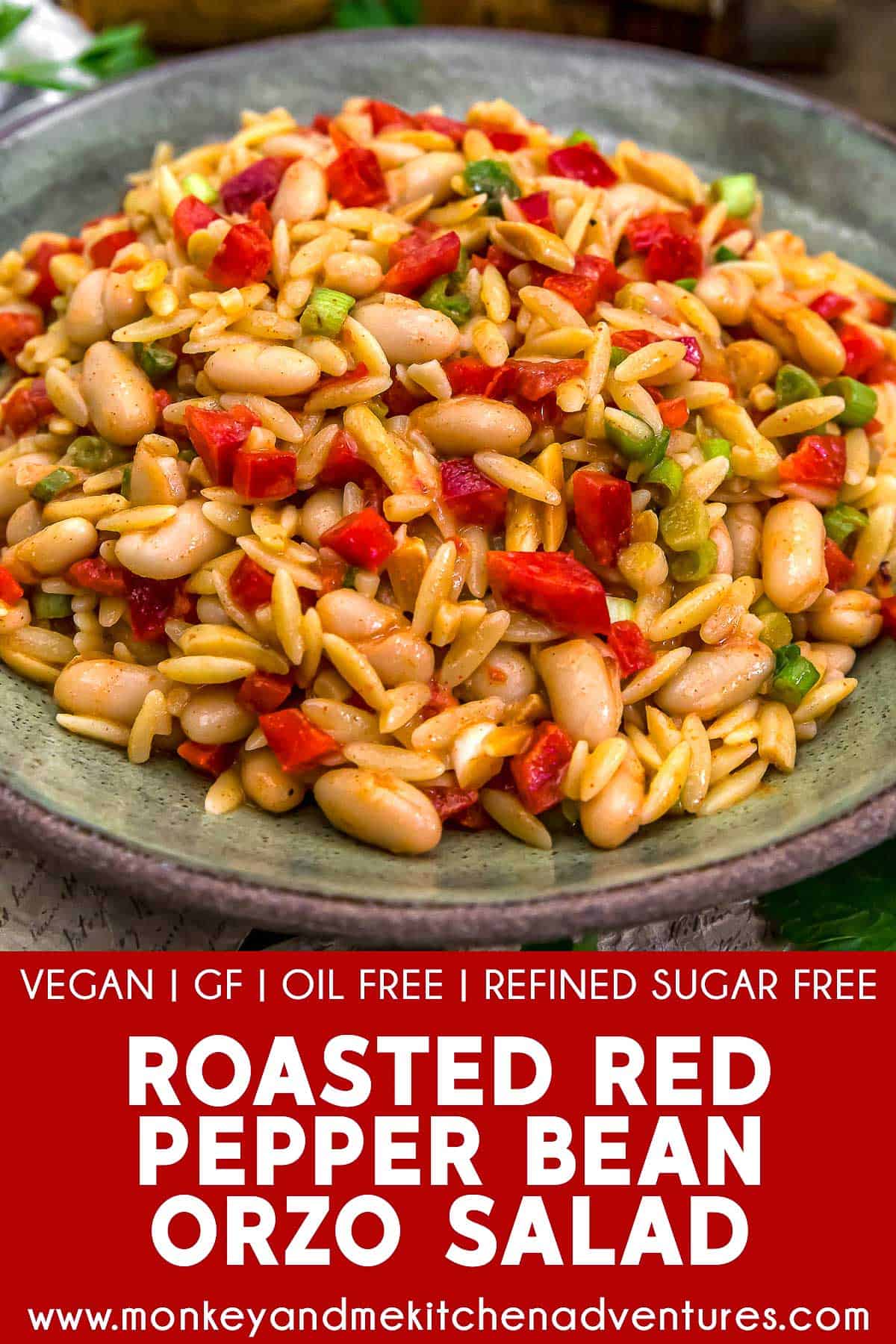 Roasted Red Pepper Bean Orzo Salad with text description