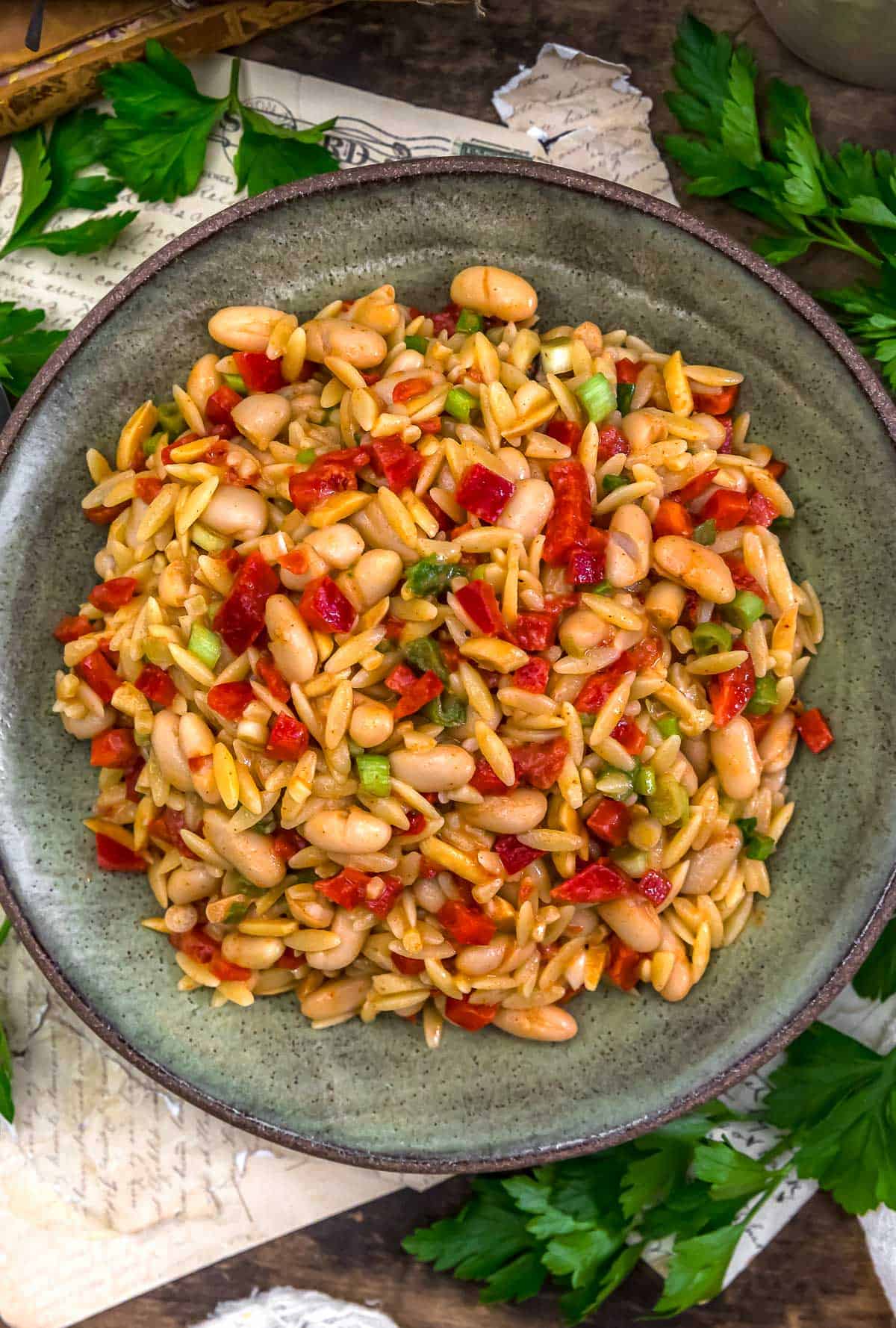 Plate of Roasted Red Pepper Bean Orzo Salad