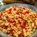Close up of Roasted Red Pepper Bean Orzo Salad
