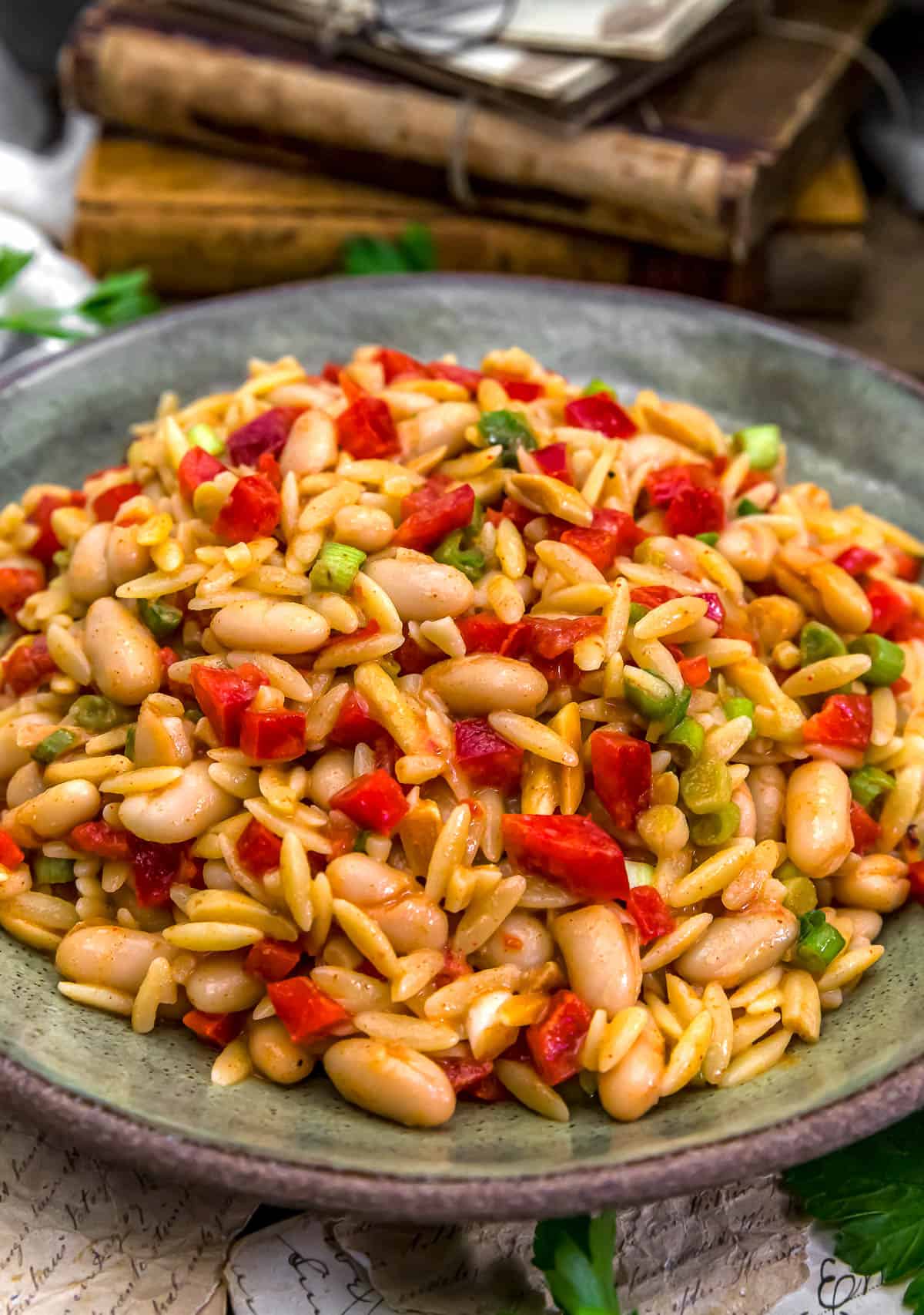 Close up of Roasted Red Pepper Bean Orzo Salad