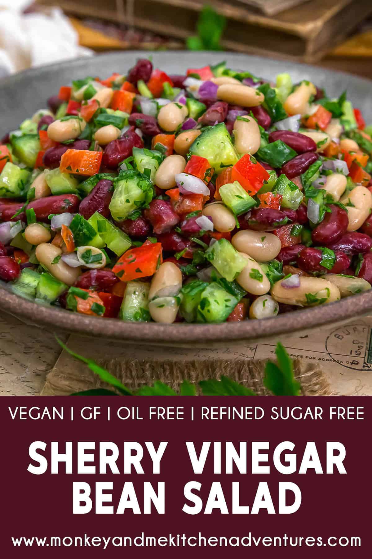 Oil Free Sherry Garden Bean Salad with text description