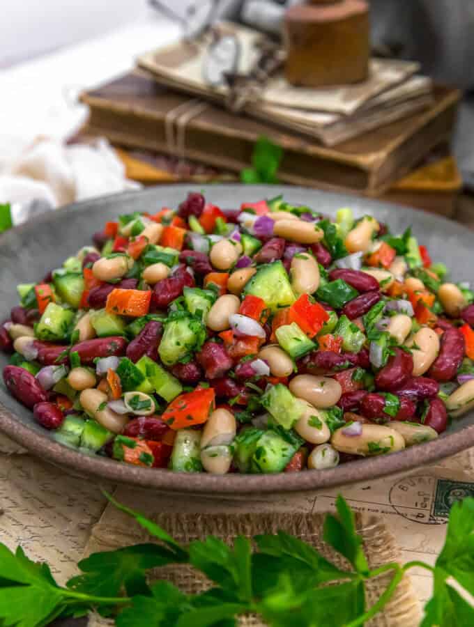 Close up of Oil Free Sherry Garden Bean Salad