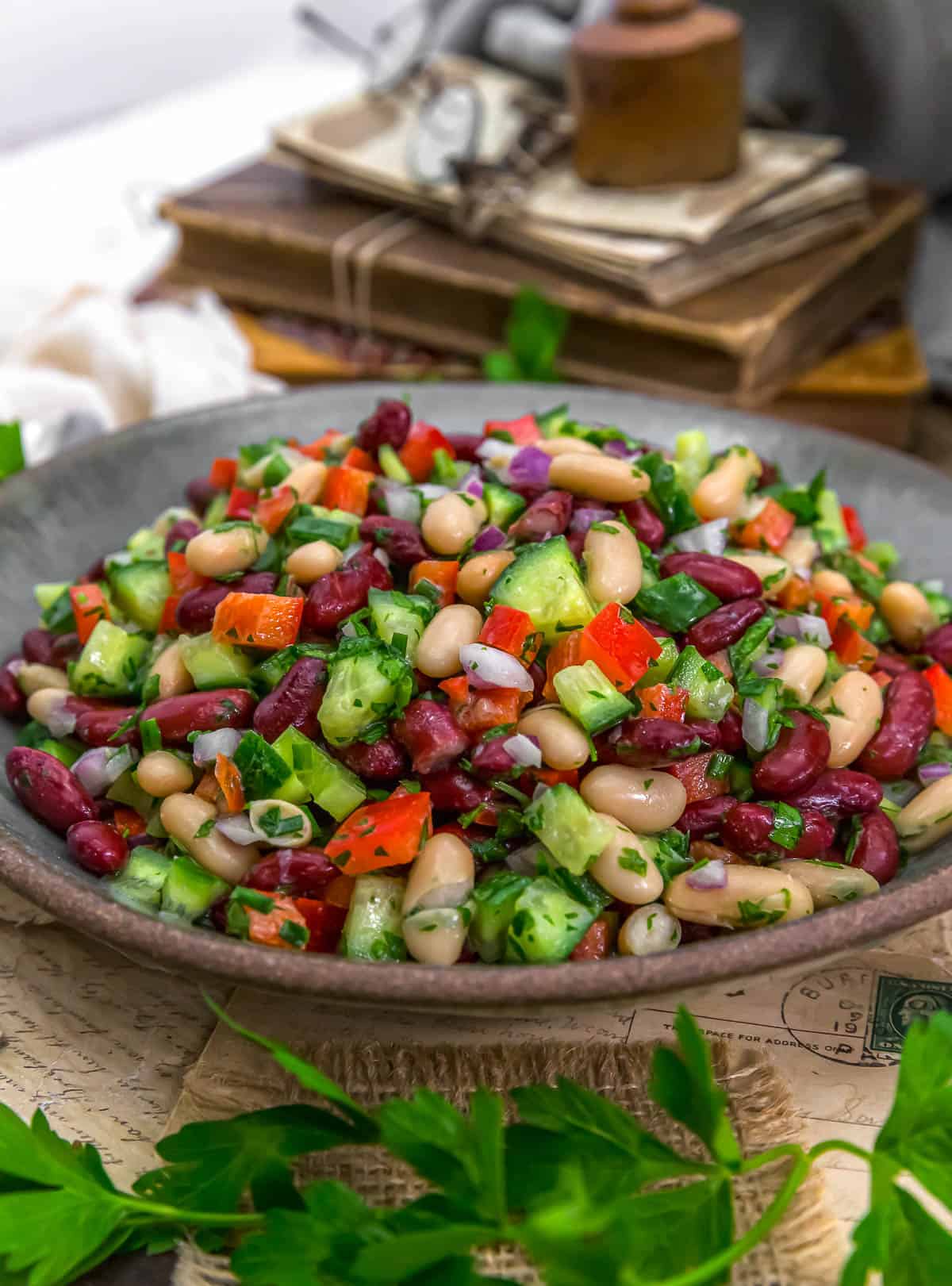 Close up of Oil Free Sherry Garden Bean Salad