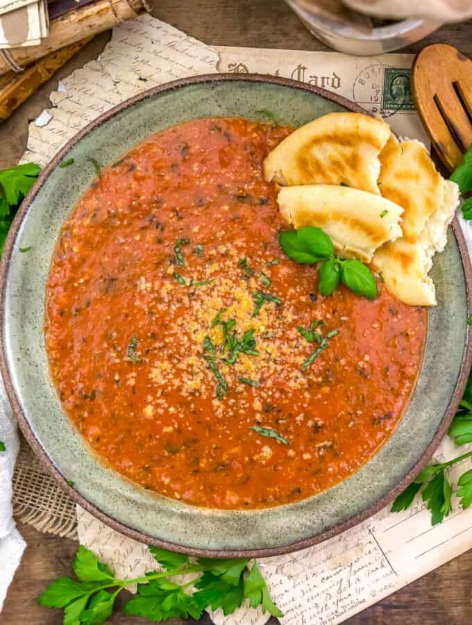 Bowl of Easy Vegan Tuscan Tomato and Bread Soup