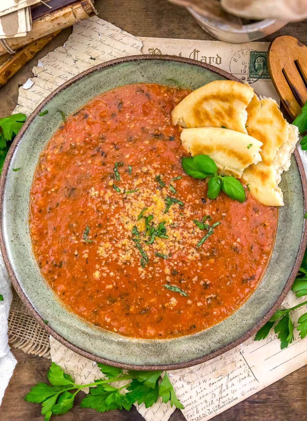 Bowl of Easy Vegan Tuscan Tomato and Bread Soup