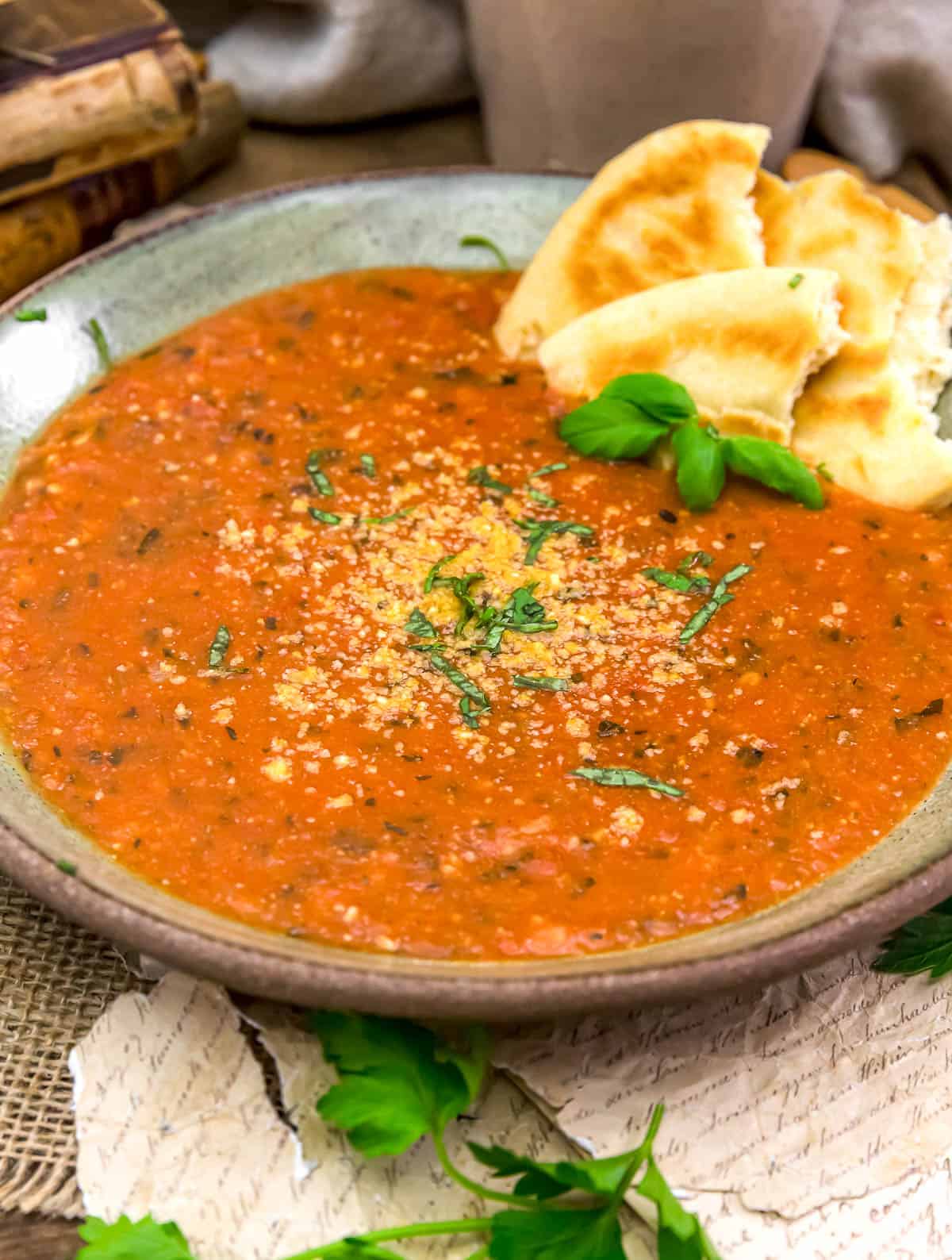 Close up to Easy Vegan Tuscan Tomato and Bread Soup