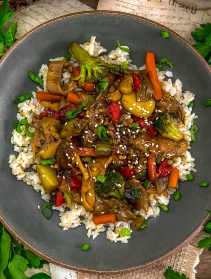 Oil Free Teriyaki Oyster Mushroom Stir Fry over rice