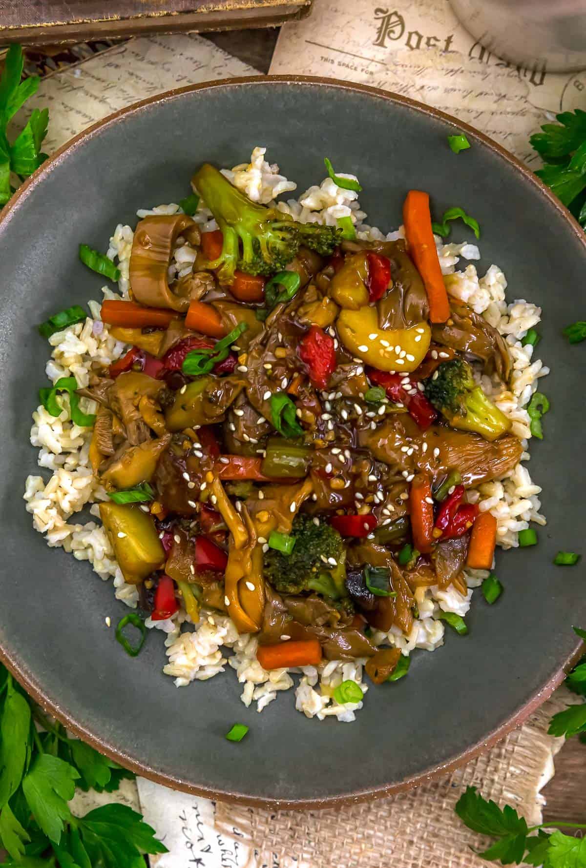 Oil Free Teriyaki Oyster Mushroom Stir Fry over rice