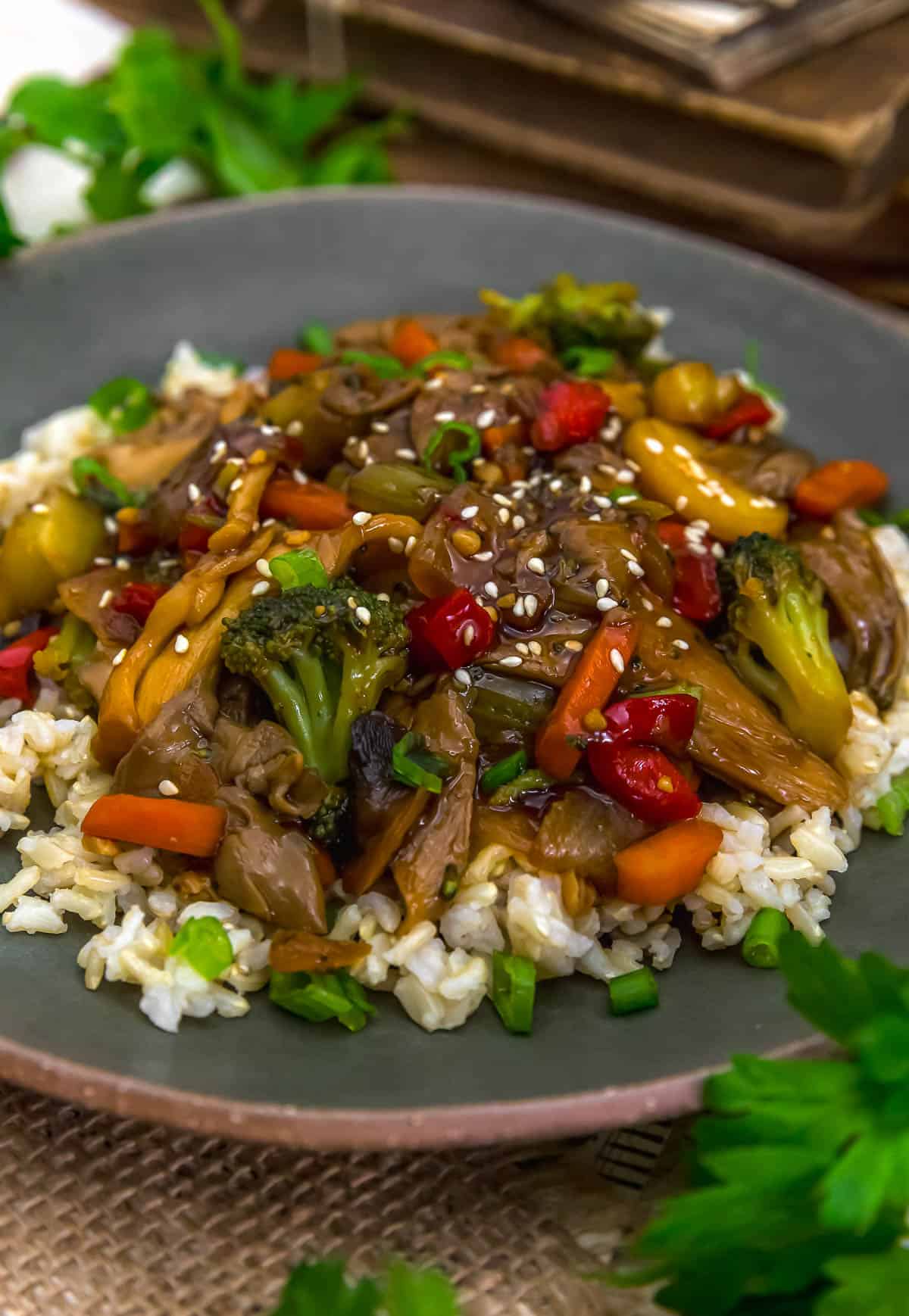 Close up of Oil Free Teriyaki Oyster Mushroom Stir Fry