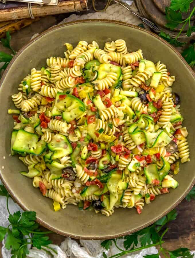 Bowl of Oil Free Zucchini Ribbon Greek-Style Pasta Salad