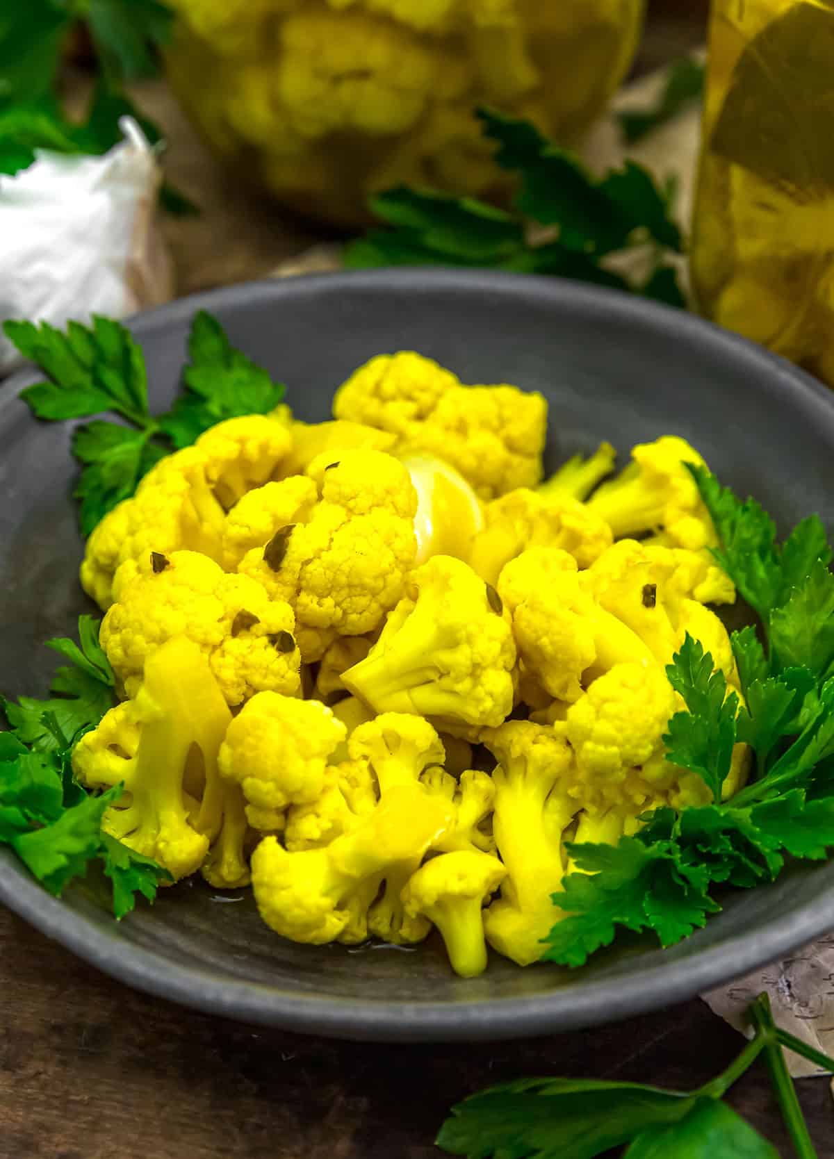 Close up of Refrigerator Curry Pickled Cauliflower