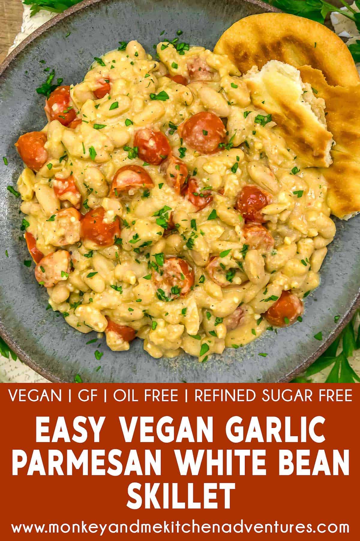 Easy Vegan Garlic Parmesan White Bean Skillet with text description