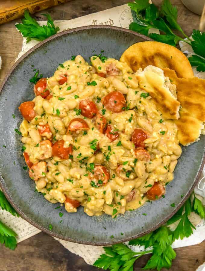 Plate of Easy Vegan Garlic Parmesan White Bean Skillet