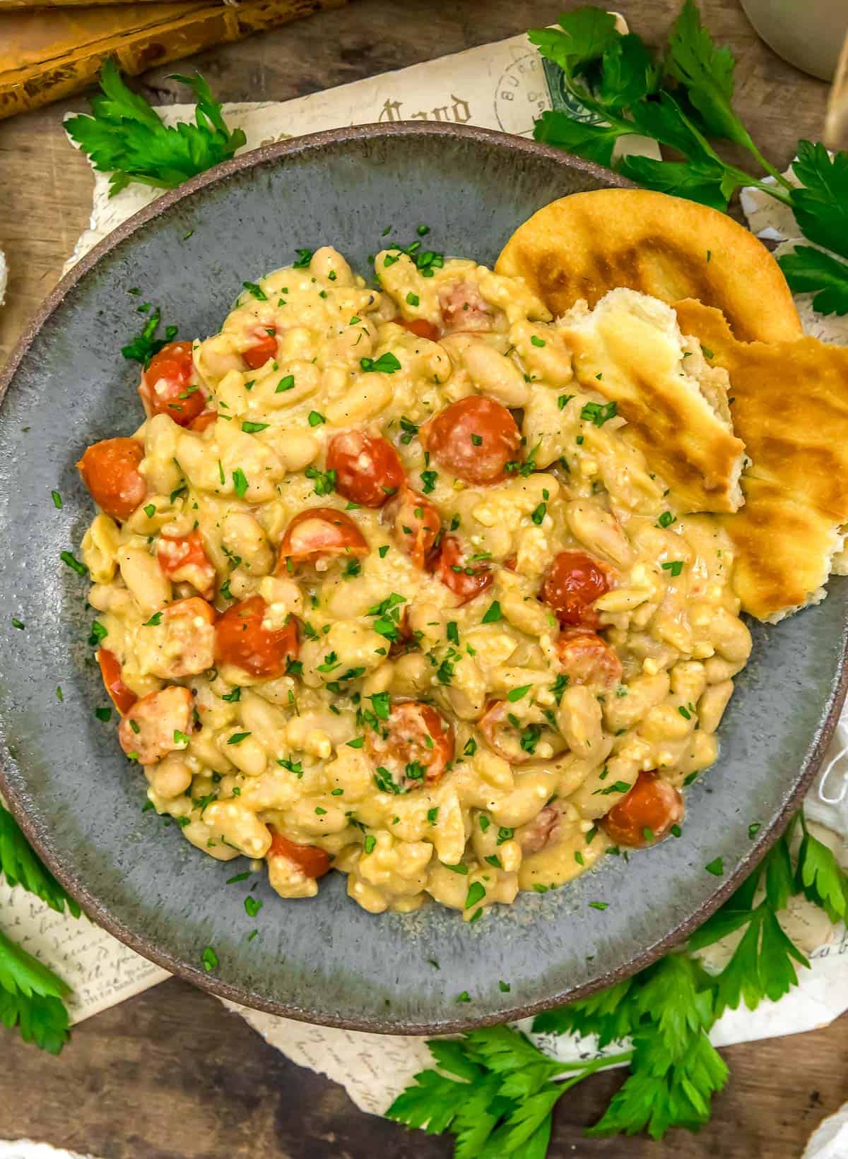 Plate of Easy Vegan Garlic Parmesan White Bean Skillet