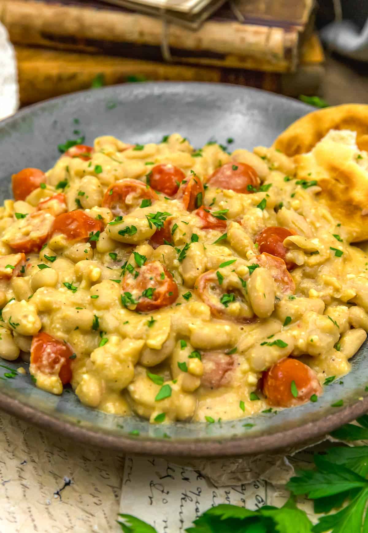 Close up of Easy Vegan Garlic Parmesan White Bean Skillet