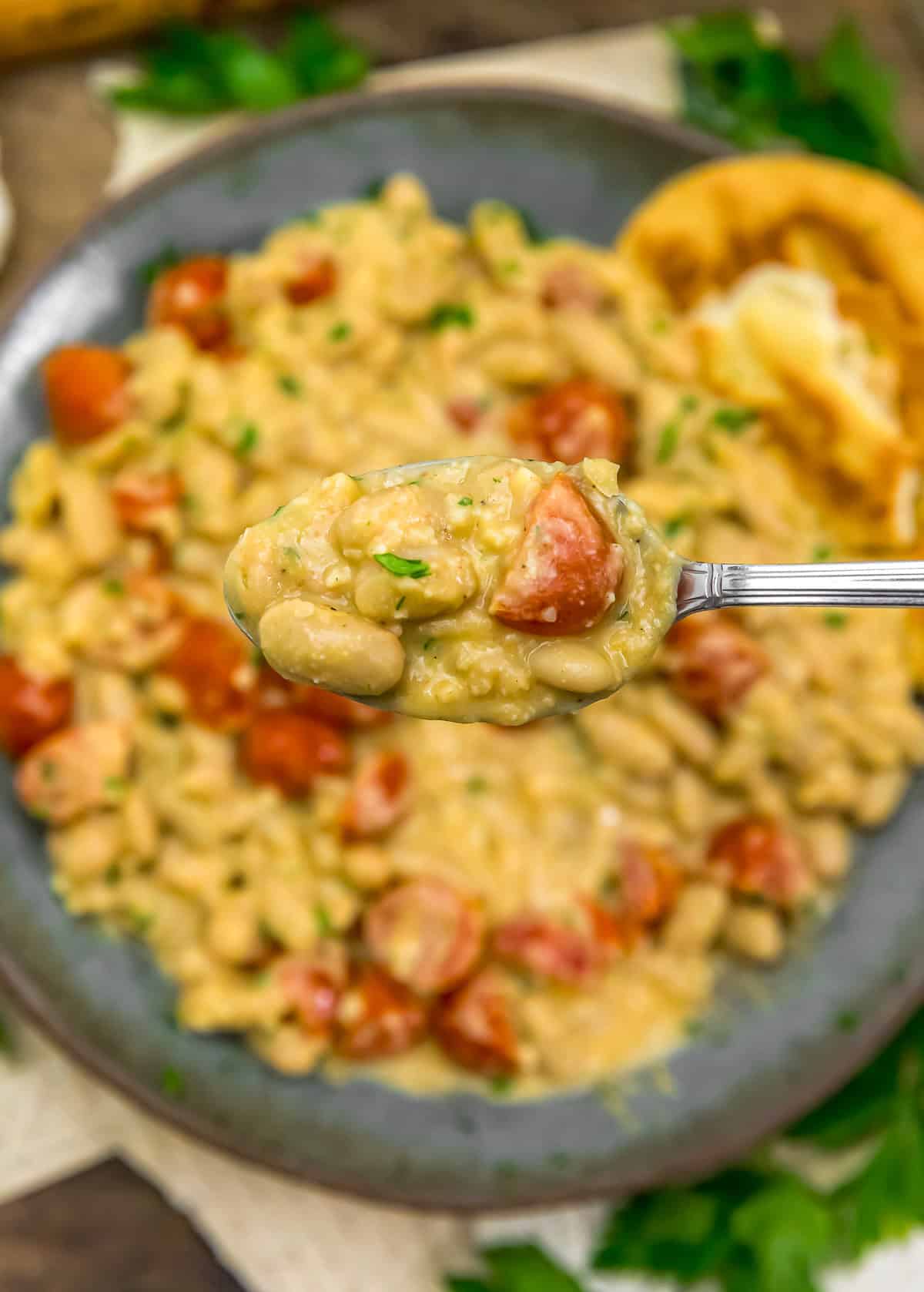 Spoonful of Easy Vegan Garlic Parmesan White Bean Skillet