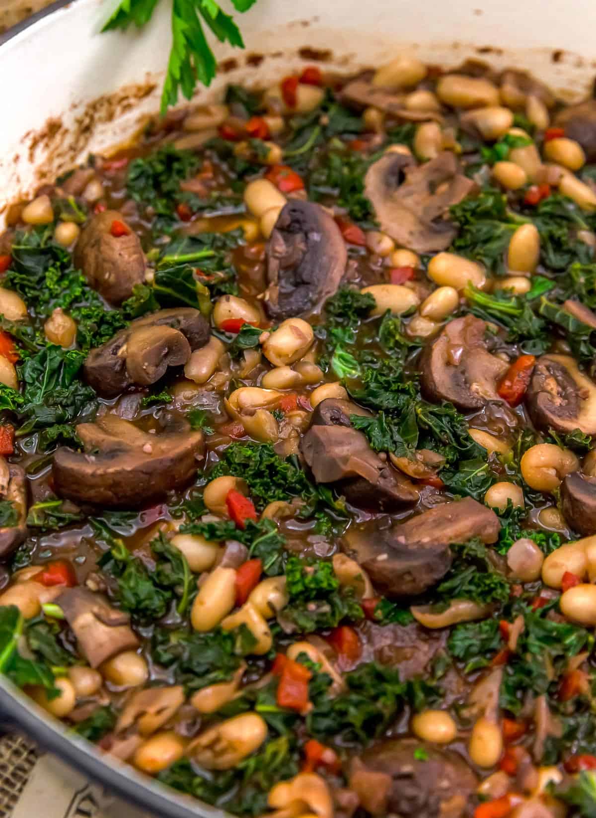 Close up of Mushrooms Beans and Kale in Red Wine Sauce