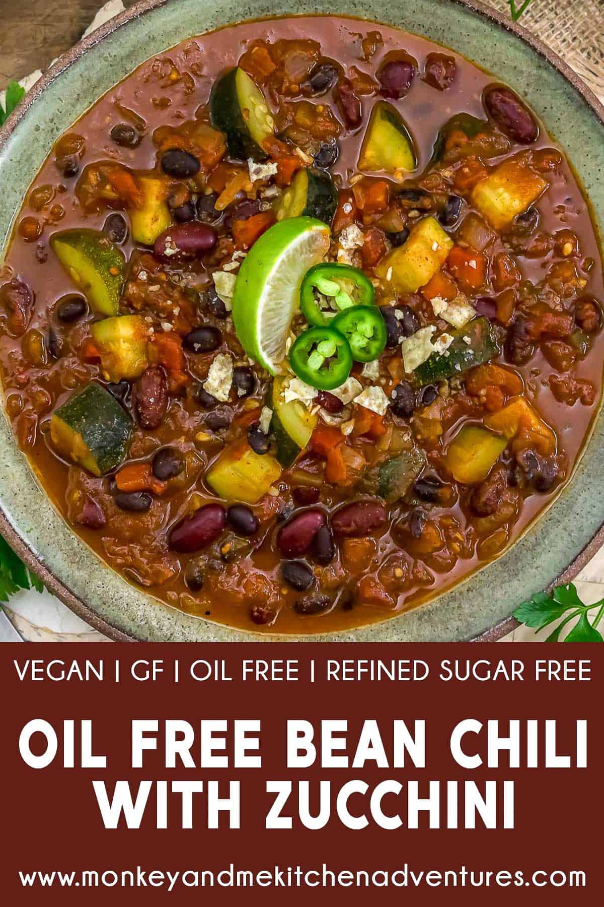 Oil-Free Bean Chili with Zucchini with text description