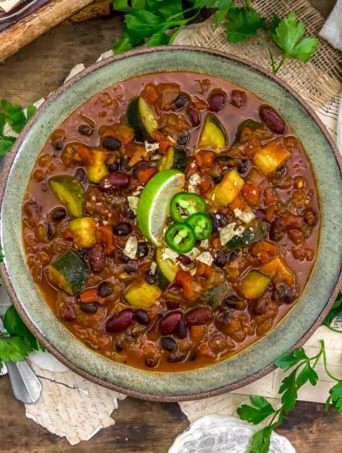 Bowl of Oil-Free Bean Chili with Zucchini