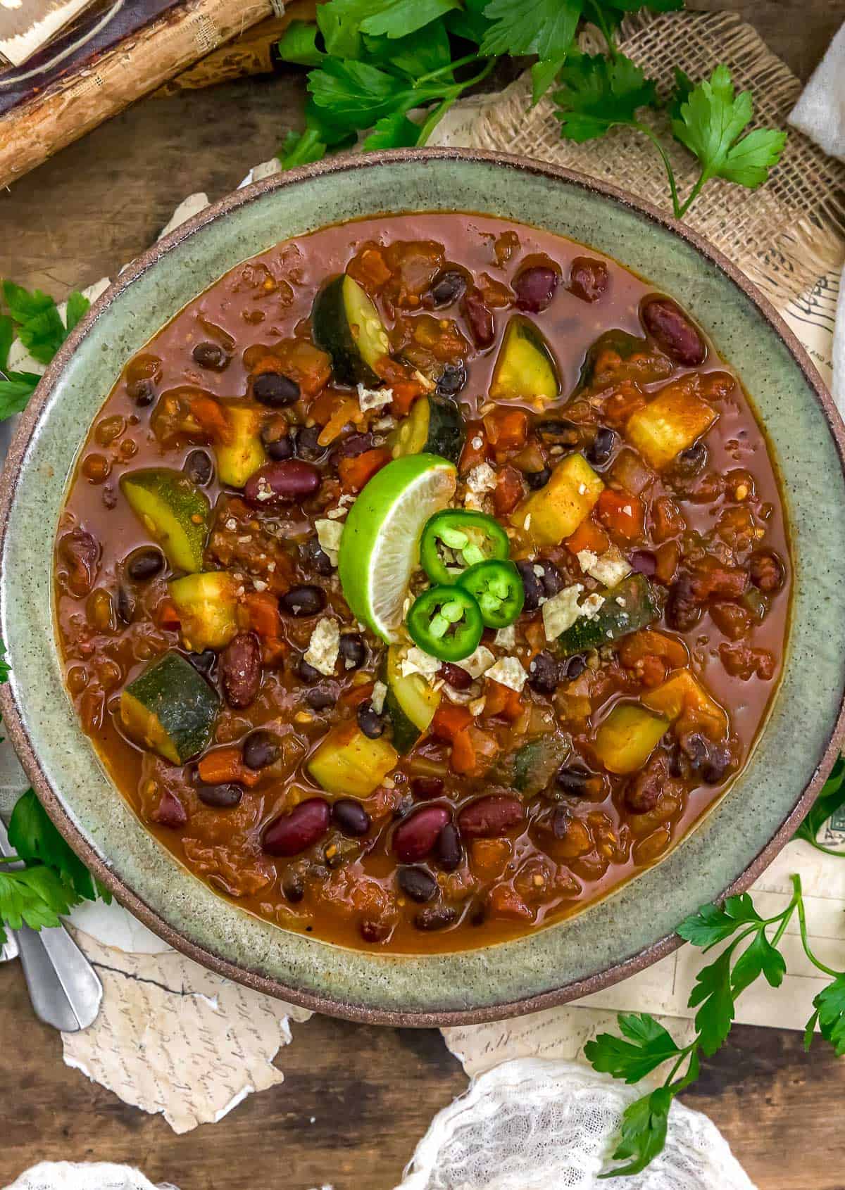 Bowl of Oil-Free Bean Chili with Zucchini