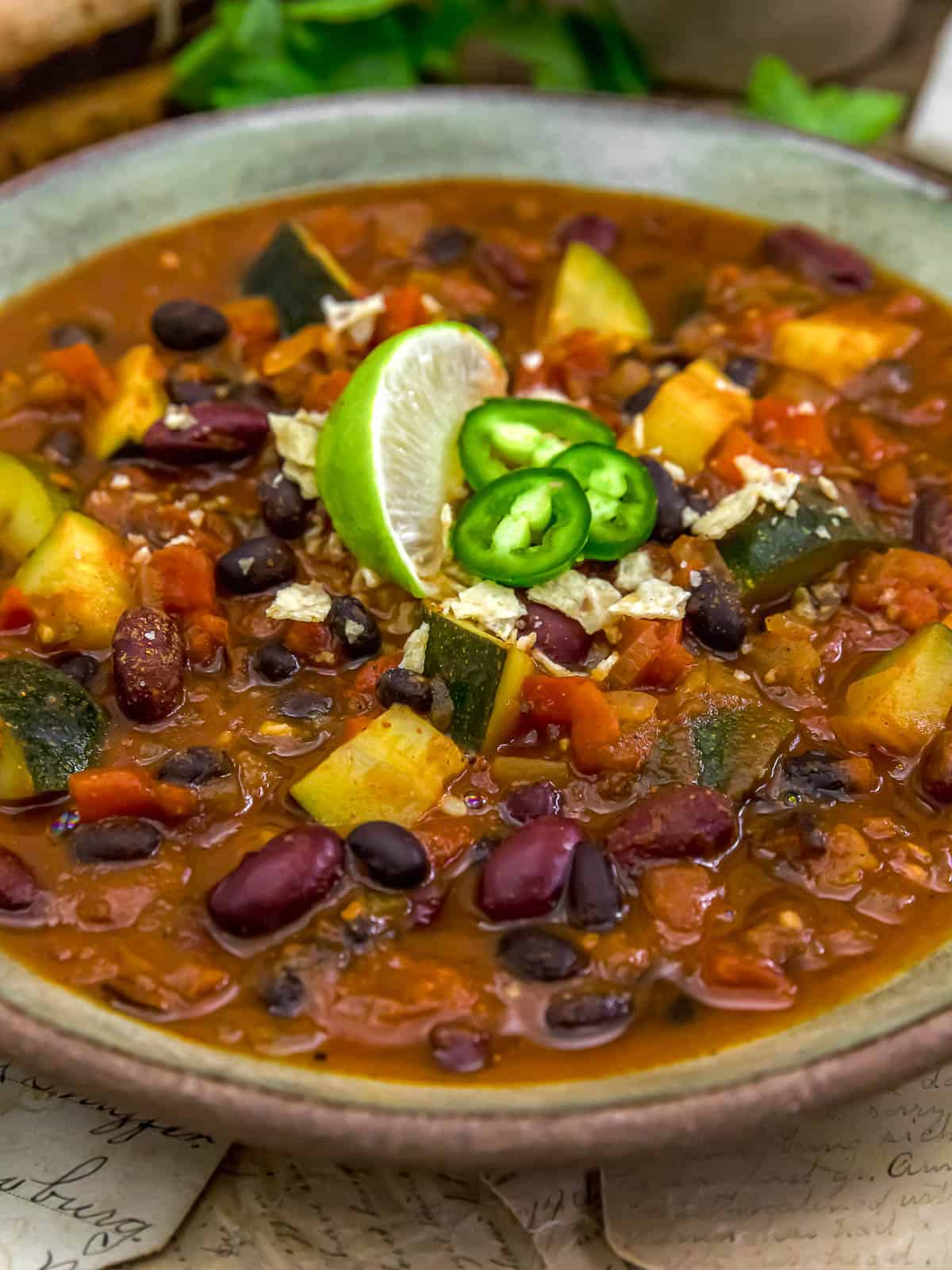 Close up of Oil-Free Bean Chili with Zucchini