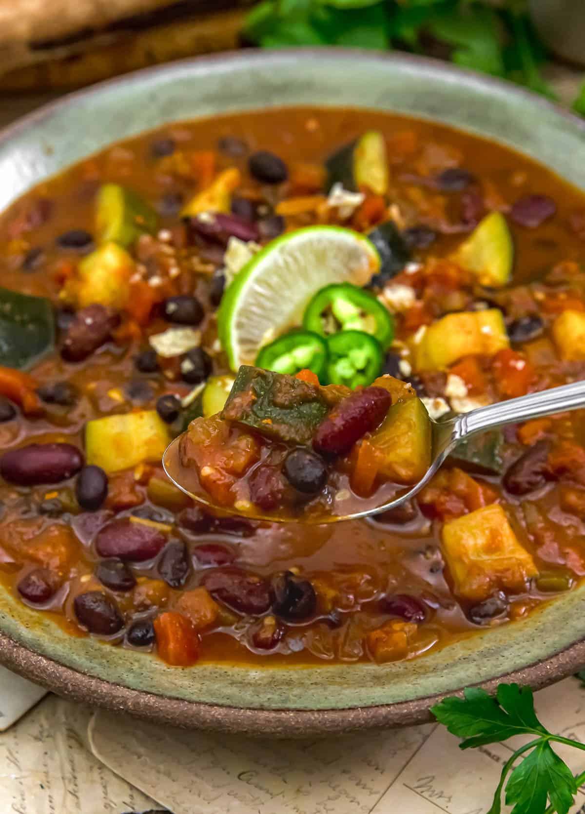 Spoonful of Oil-Free Bean Chili with Zucchini