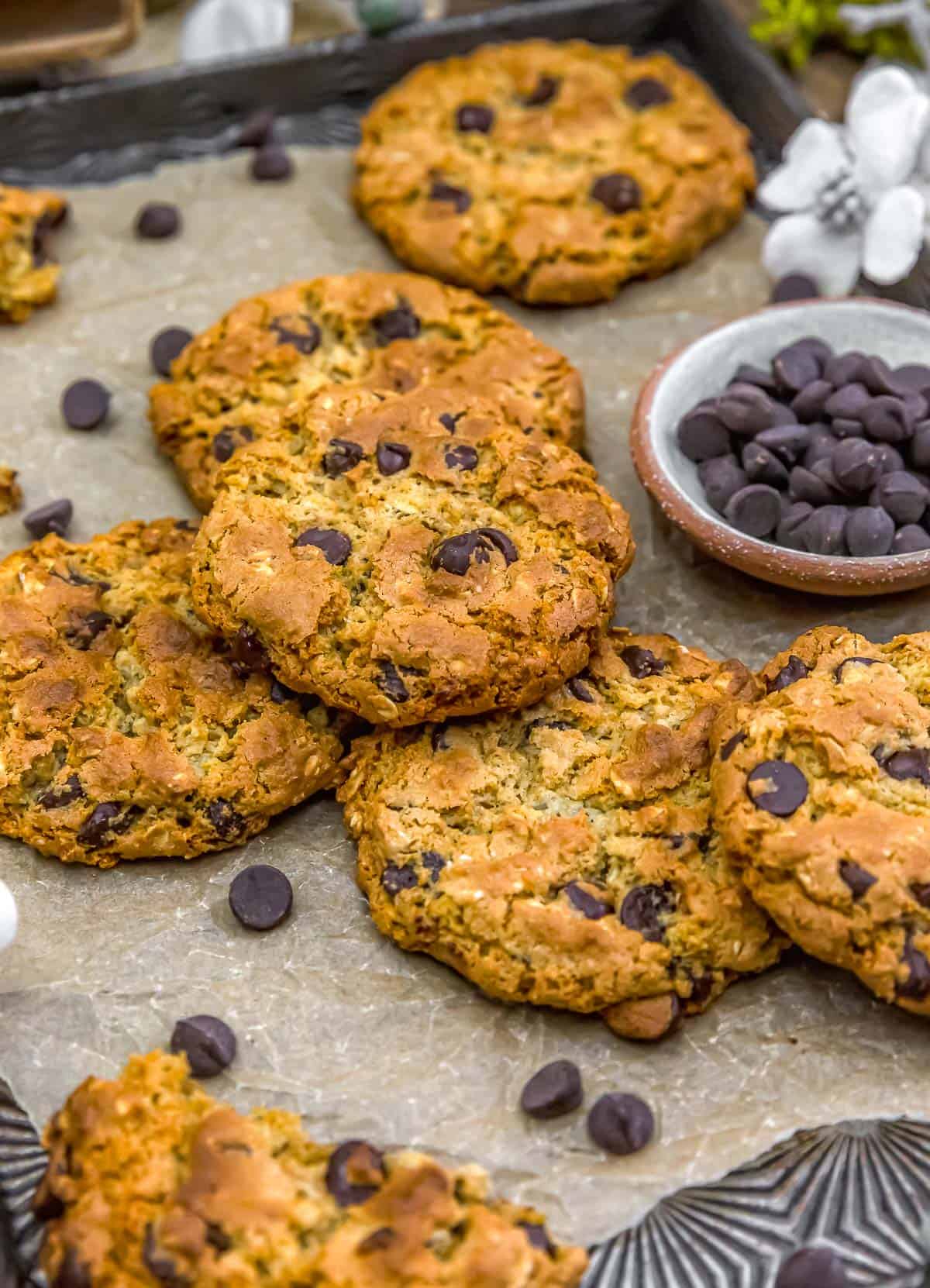 Close up of Vegan Chewy Almond Oat Chocolate Chip Cookies