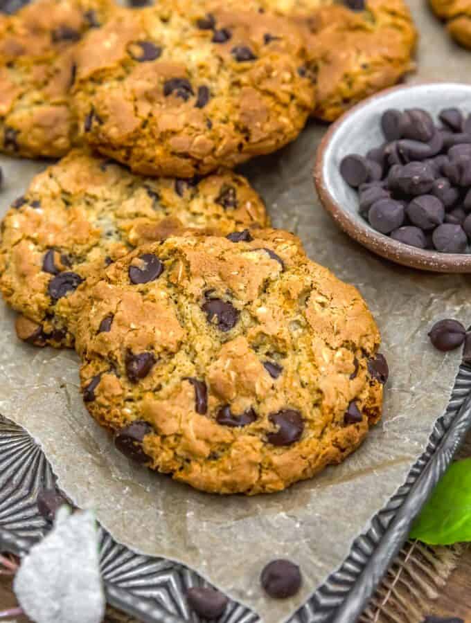 Close up of Vegan Chewy Almond Oat Chocolate Chip Cookies