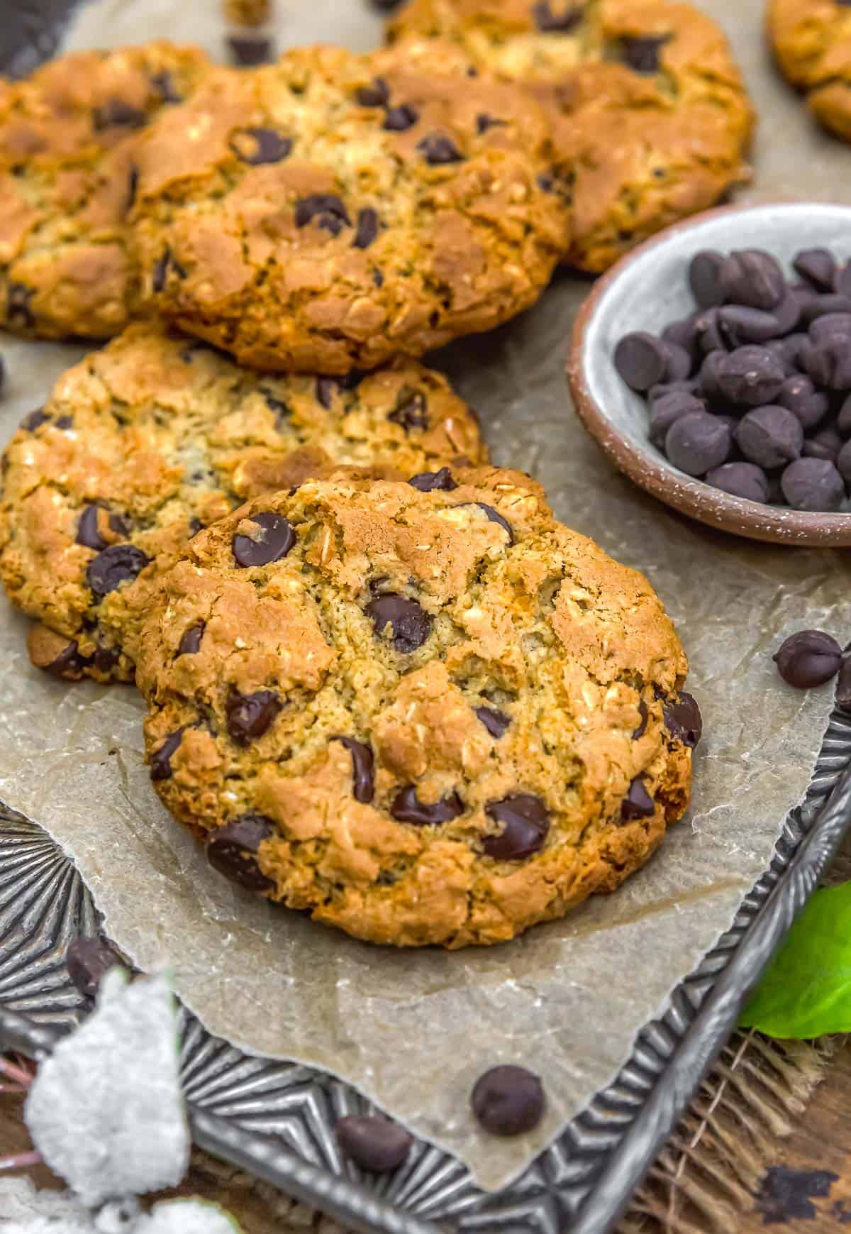 Close up of Vegan Chewy Almond Oat Chocolate Chip Cookies