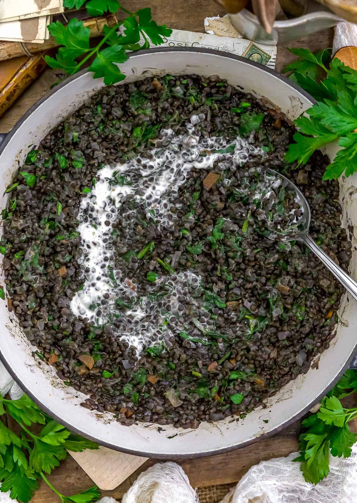 Skillet of Vegan Lentilles du Puy with Spinach and Crème Fraiche