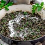 Close up of Vegan Lentilles du Puy with Spinach and Crème Fraiche