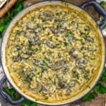 Skillet of Vegan Mushroom Spinach Mac and Cheese Skillet