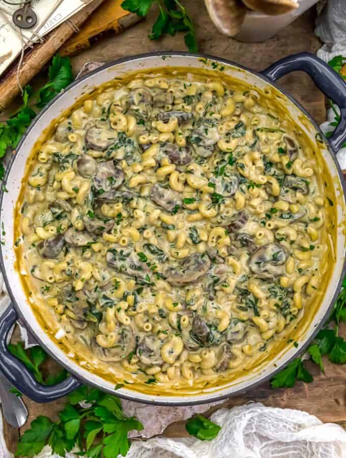 Skillet of Vegan Mushroom Spinach Mac and Cheese Skillet