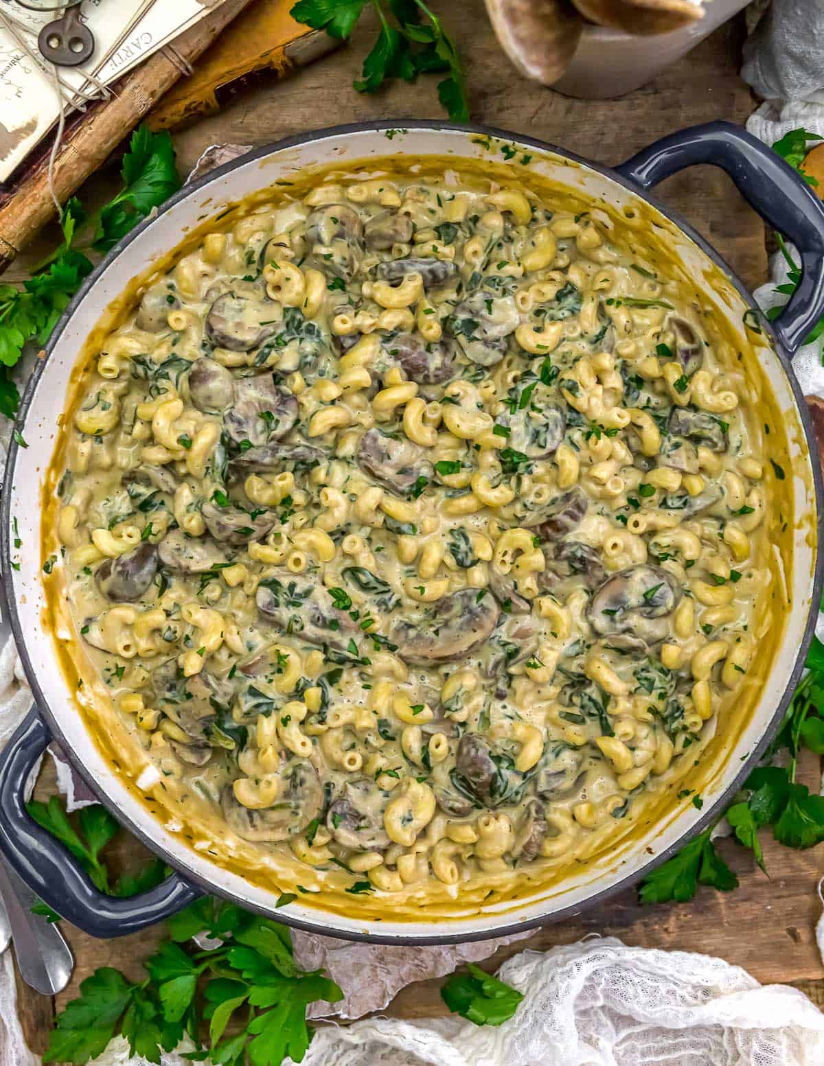 Skillet of Vegan Mushroom Spinach Mac and Cheese Skillet