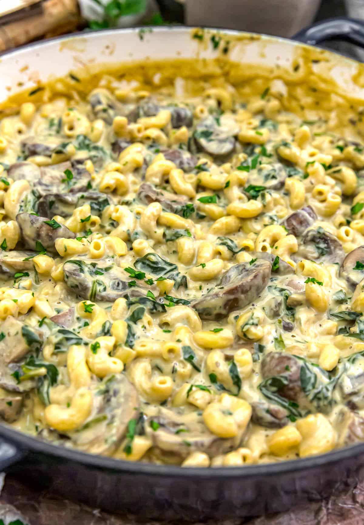 Close up of Vegan Mushroom Spinach Mac and Cheese Skillet