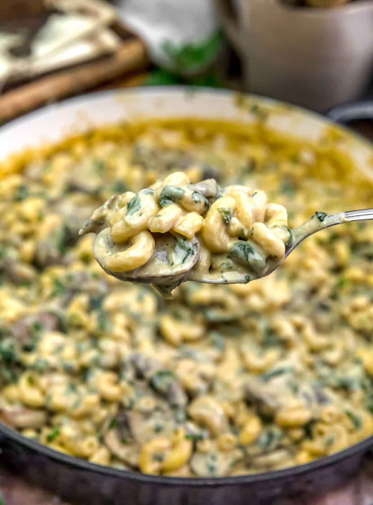 Spoonful of Vegan Mushroom Spinach Mac and Cheese Skillet