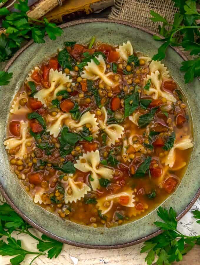 Bowl of Easy Italian Lentil Kale Pasta Soup