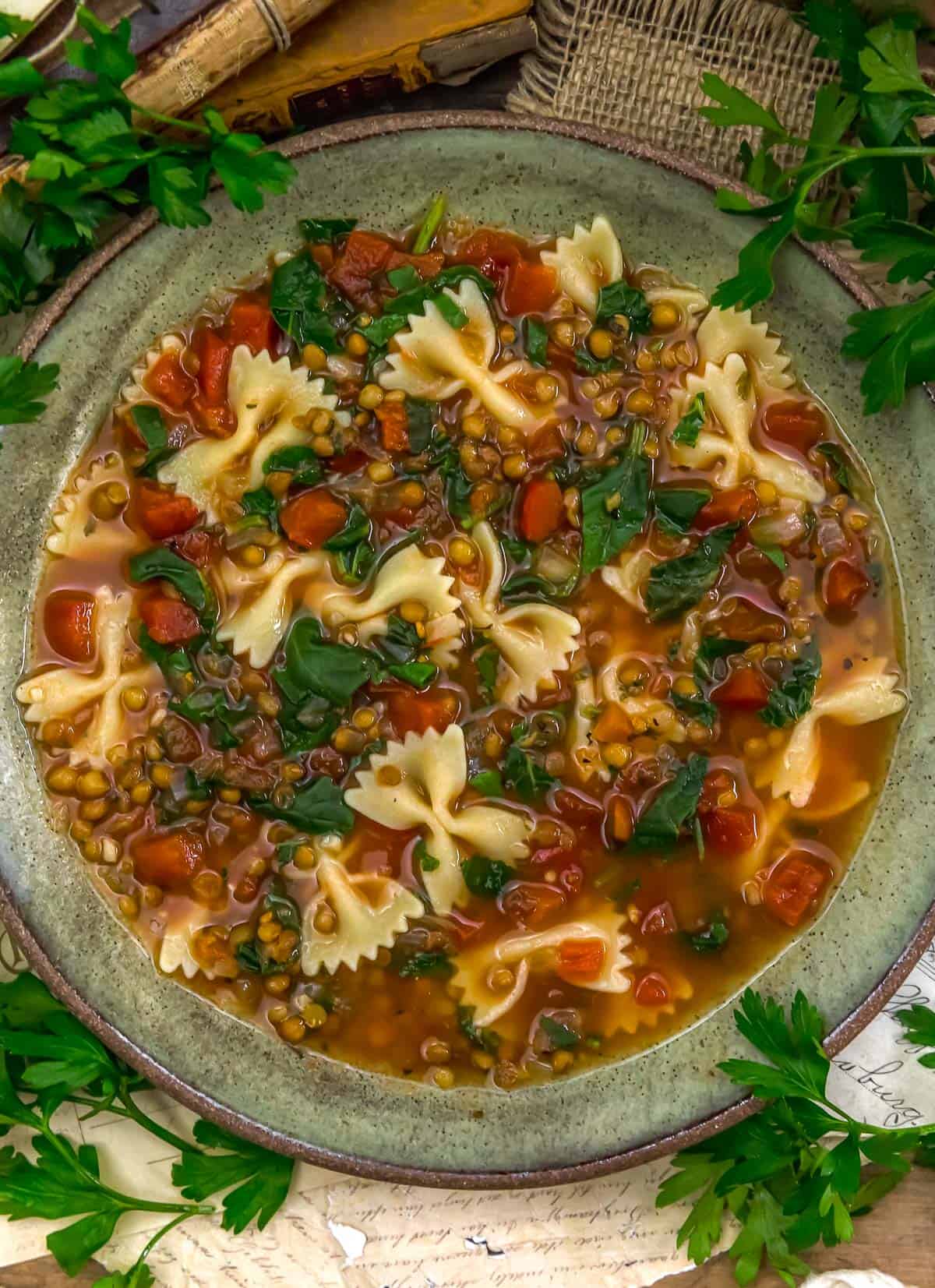 Bowl of Easy Italian Lentil Kale Pasta Soup