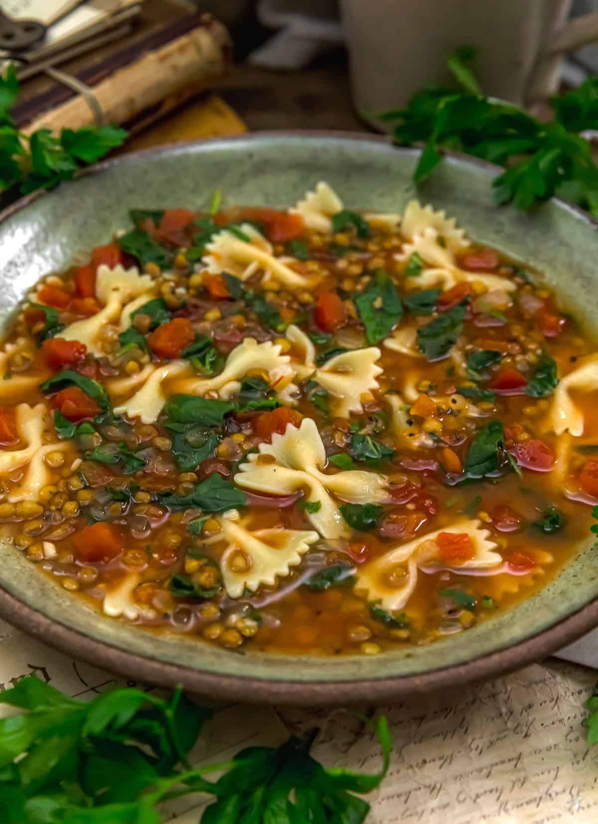 Close up of Easy Italian Lentil Kale Pasta Soup