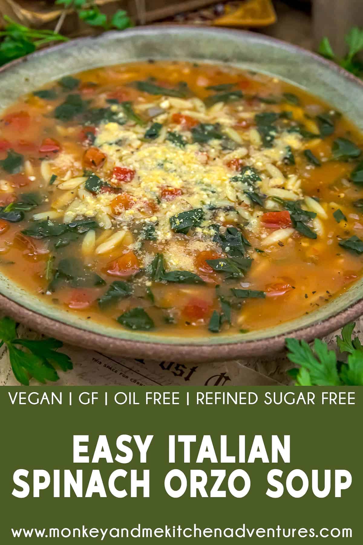 Easy Italian Spinach Orzo Soup with text description