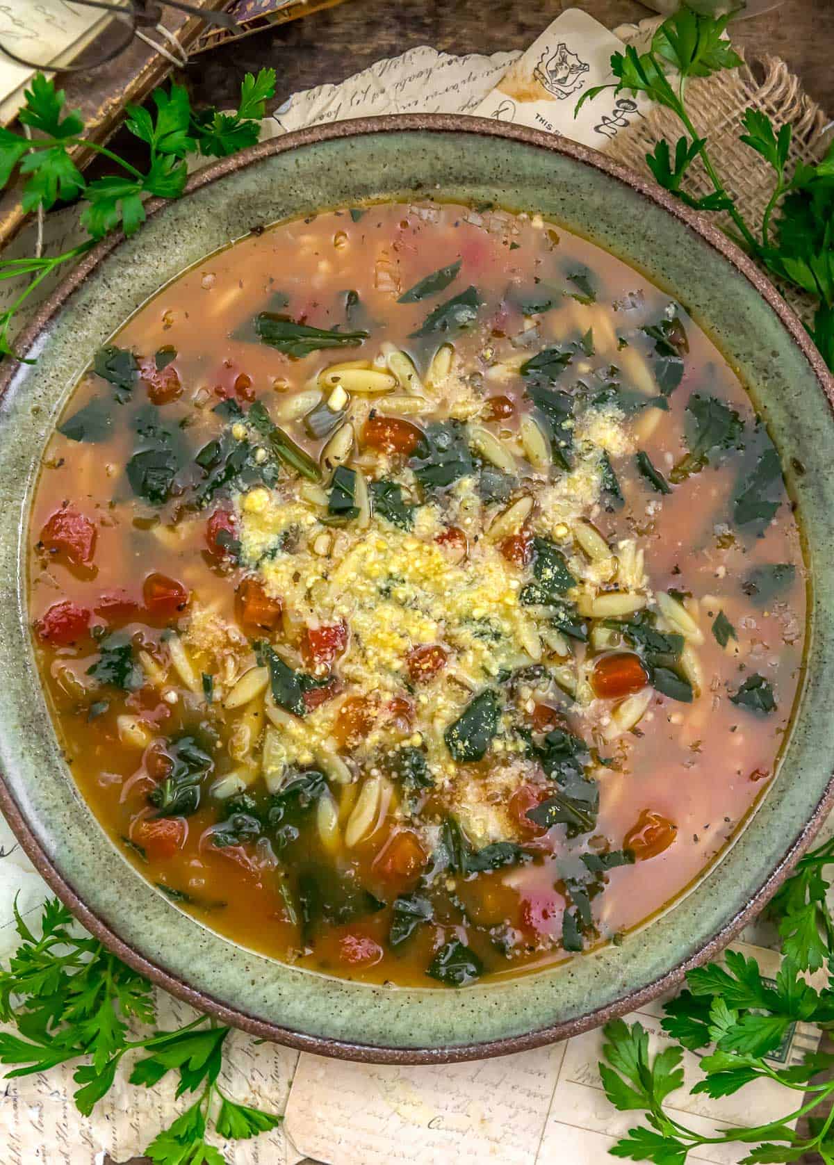 Bowl of Easy Italian Spinach Orzo Soup