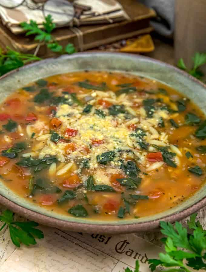 Close up of Easy Italian Spinach Orzo Soup