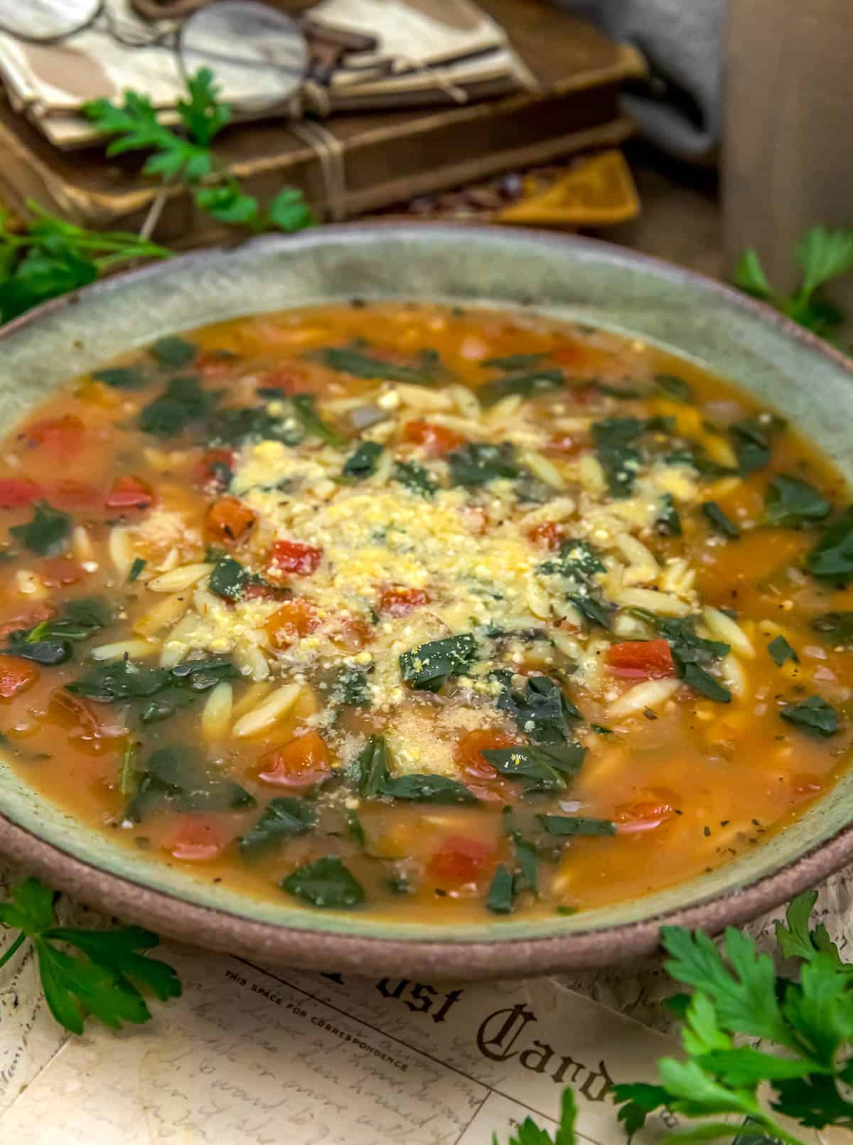 Close up of Easy Italian Spinach Orzo Soup