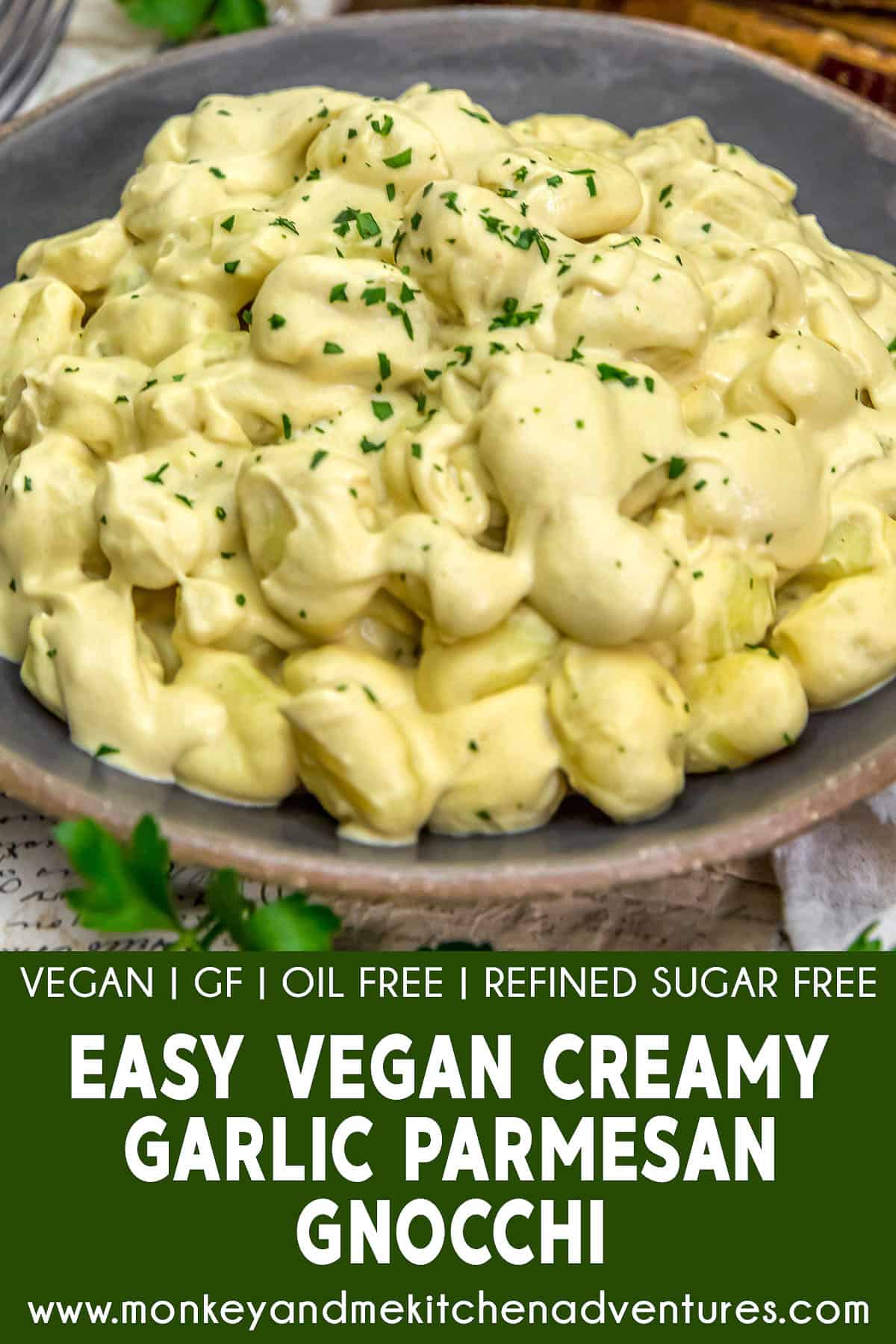 Easy Vegan Creamy Garlic Parmesan Gnocchi with text description