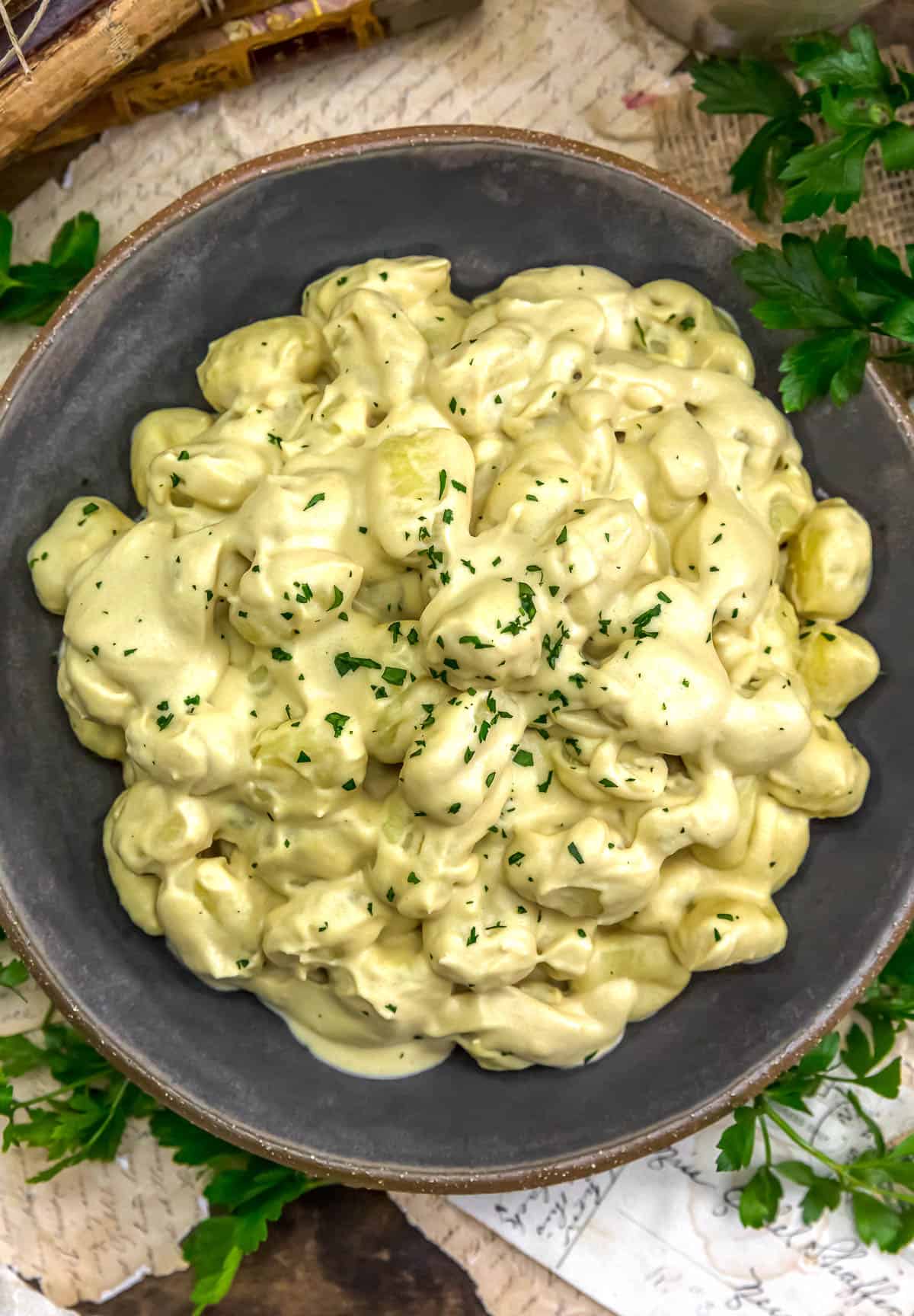 Bowl of Easy Vegan Creamy Garlic Parmesan Gnocchi